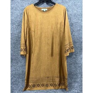 She + Sky Women's Size L Brown Suede Dress 3/4 Sleeves Midi Casual Cut Out Boho
